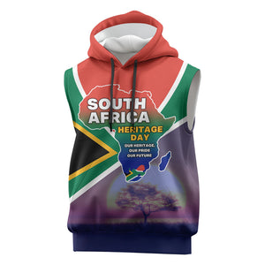 South Africa Heritage Day Sleeveless Hoodie Celebrating Roots Flag Map Sunset Savanna