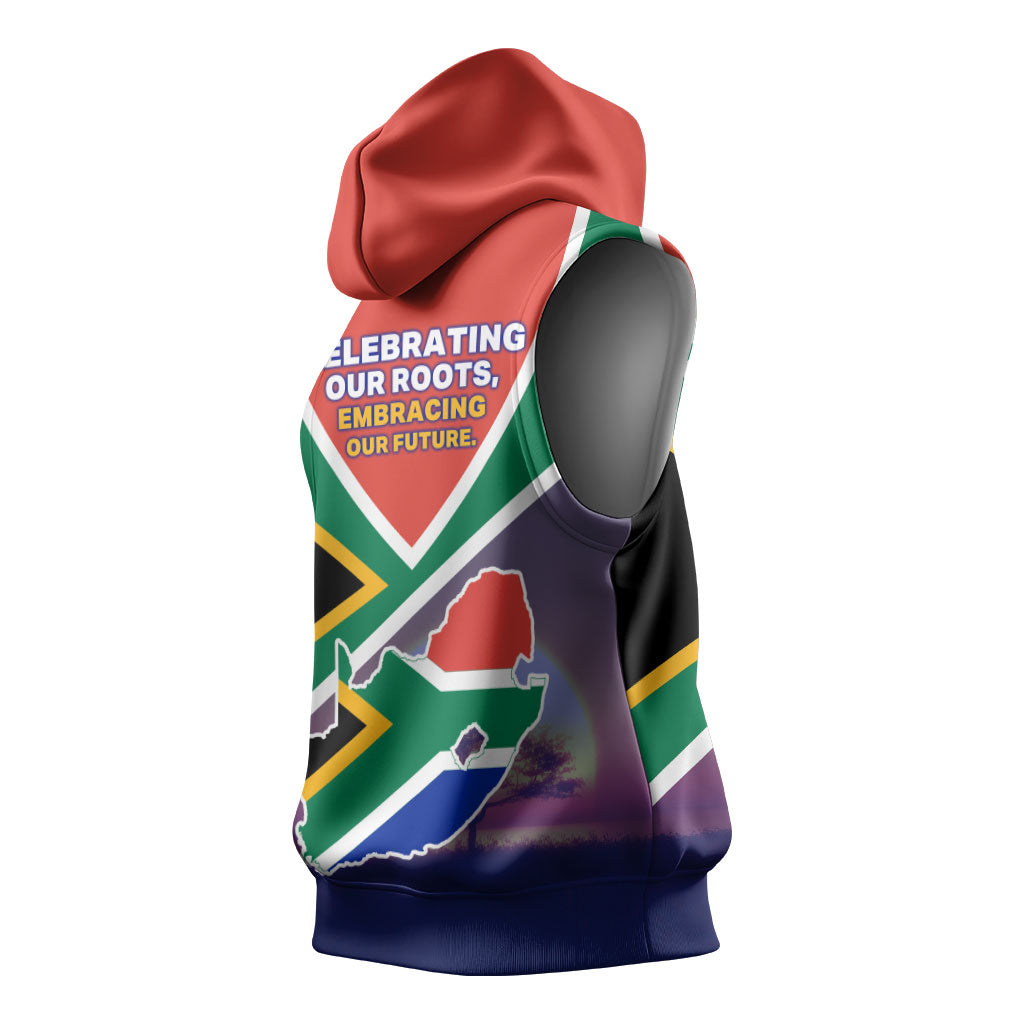 South Africa Heritage Day Sleeveless Hoodie Celebrating Roots Flag Map Sunset Savanna