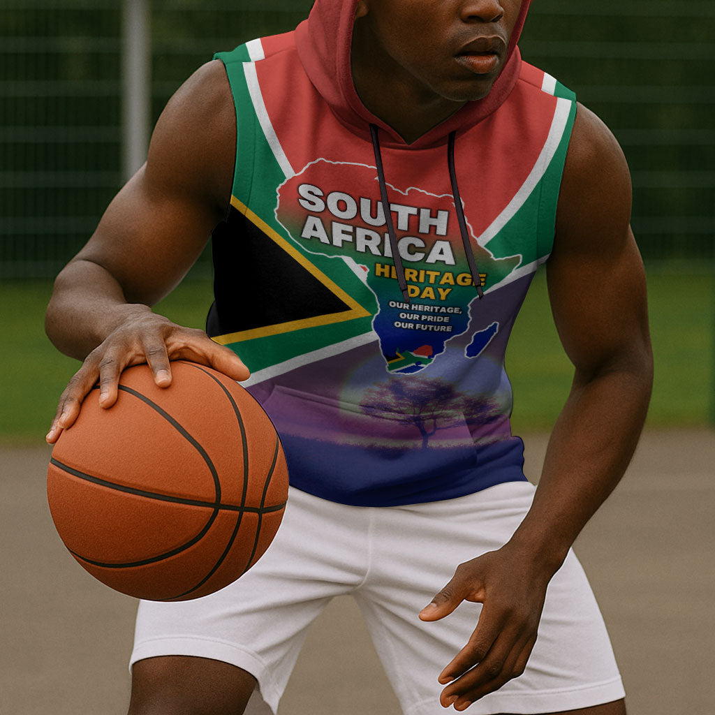 South Africa Heritage Day Sleeveless Hoodie Celebrating Roots Flag Map Sunset Savanna