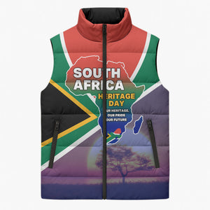 South Africa Heritage Day Sleeveless Puffer Jacket Celebrating Roots Flag Map Sunset Savanna