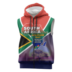 South Africa Heritage Day Sleeveless Zip Hoodie Celebrating Roots Flag Map Sunset Savanna