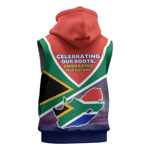 South Africa Heritage Day Sleeveless Zip Hoodie Celebrating Roots Flag Map Sunset Savanna