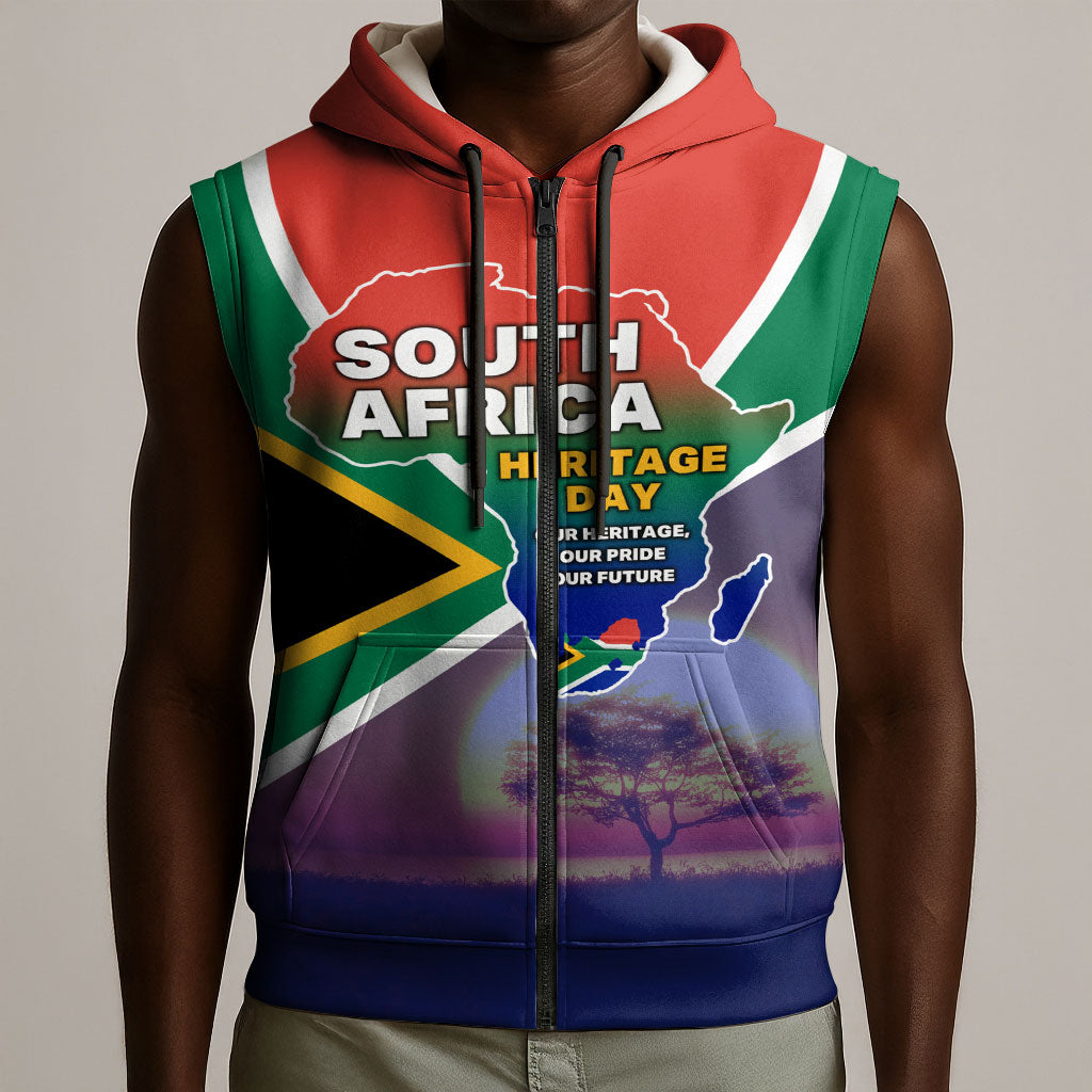 South Africa Heritage Day Sleeveless Zip Hoodie Celebrating Roots Flag Map Sunset Savanna