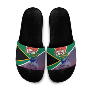 South Africa Heritage Day Slide Sandals Celebrating Roots Flag Map Sunset Savanna