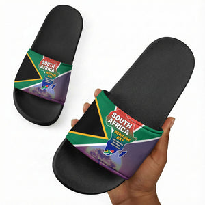 South Africa Heritage Day Slide Sandals Celebrating Roots Flag Map Sunset Savanna