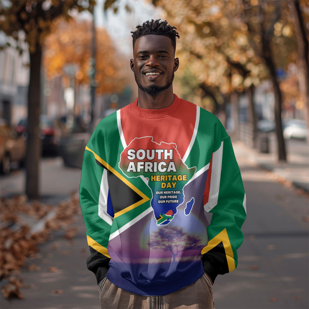 South Africa Heritage Day Sweatshirt Celebrating Roots Flag Map Sunset Savanna