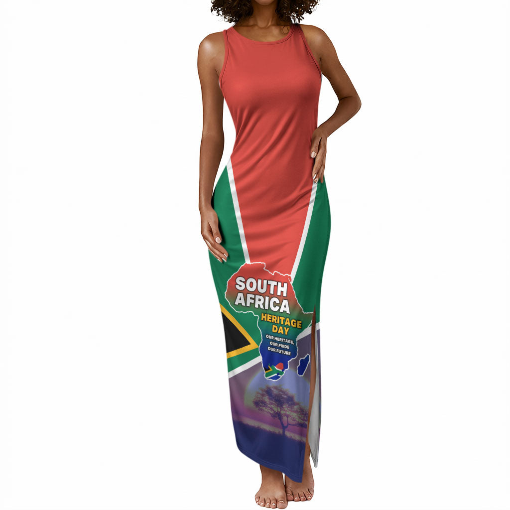 South Africa Heritage Day Tank Maxi Dress Celebrating Roots Flag Map Sunset Savanna