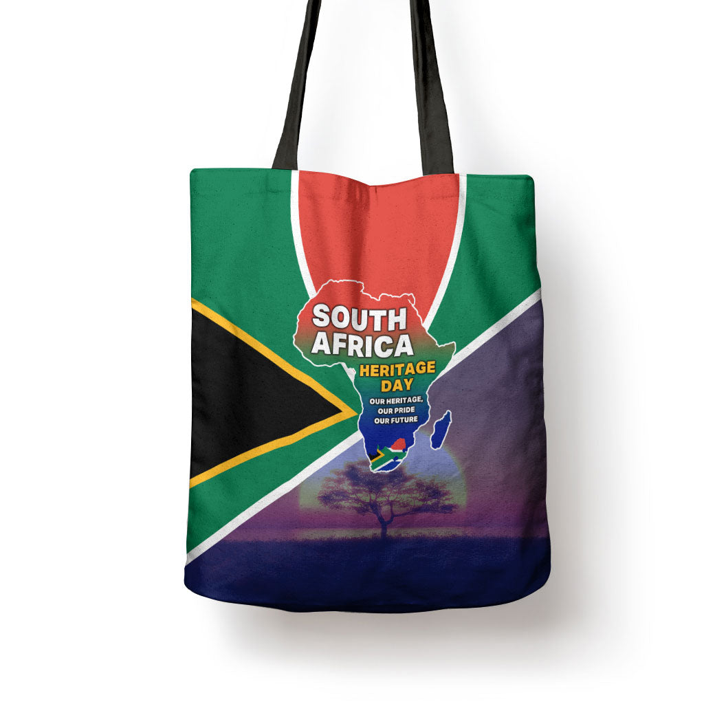 South Africa Heritage Day Tote Bag Celebrating Roots Flag Map Sunset Savanna