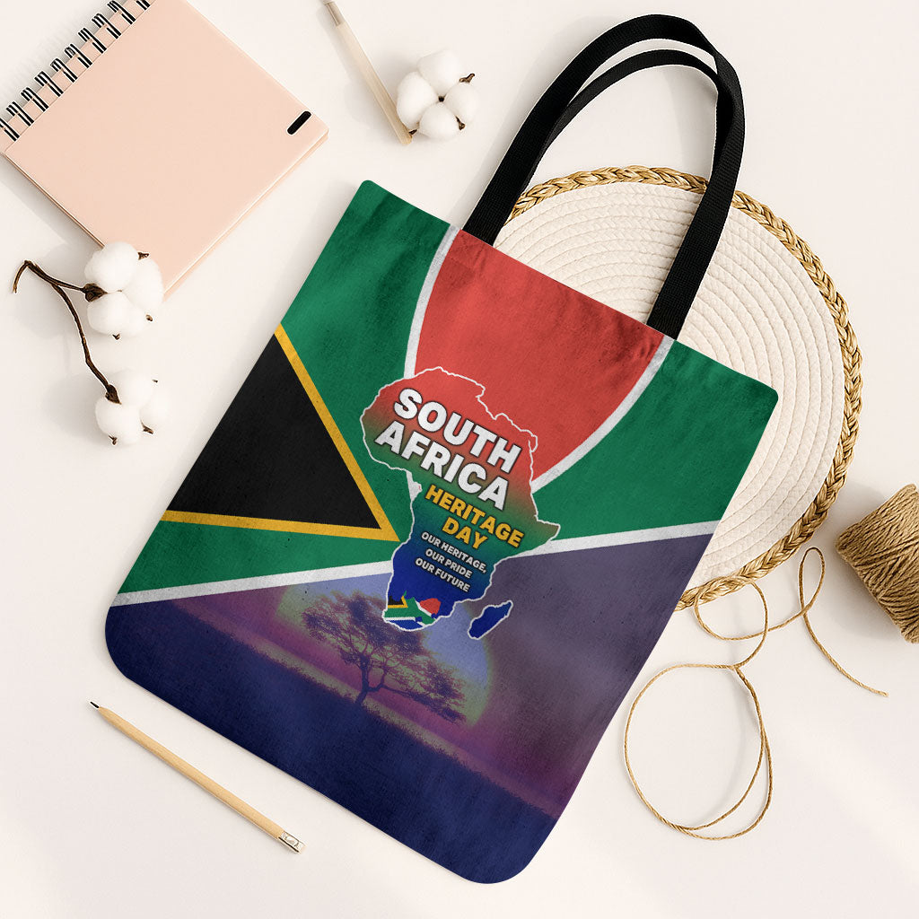 South Africa Heritage Day Tote Bag Celebrating Roots Flag Map Sunset Savanna