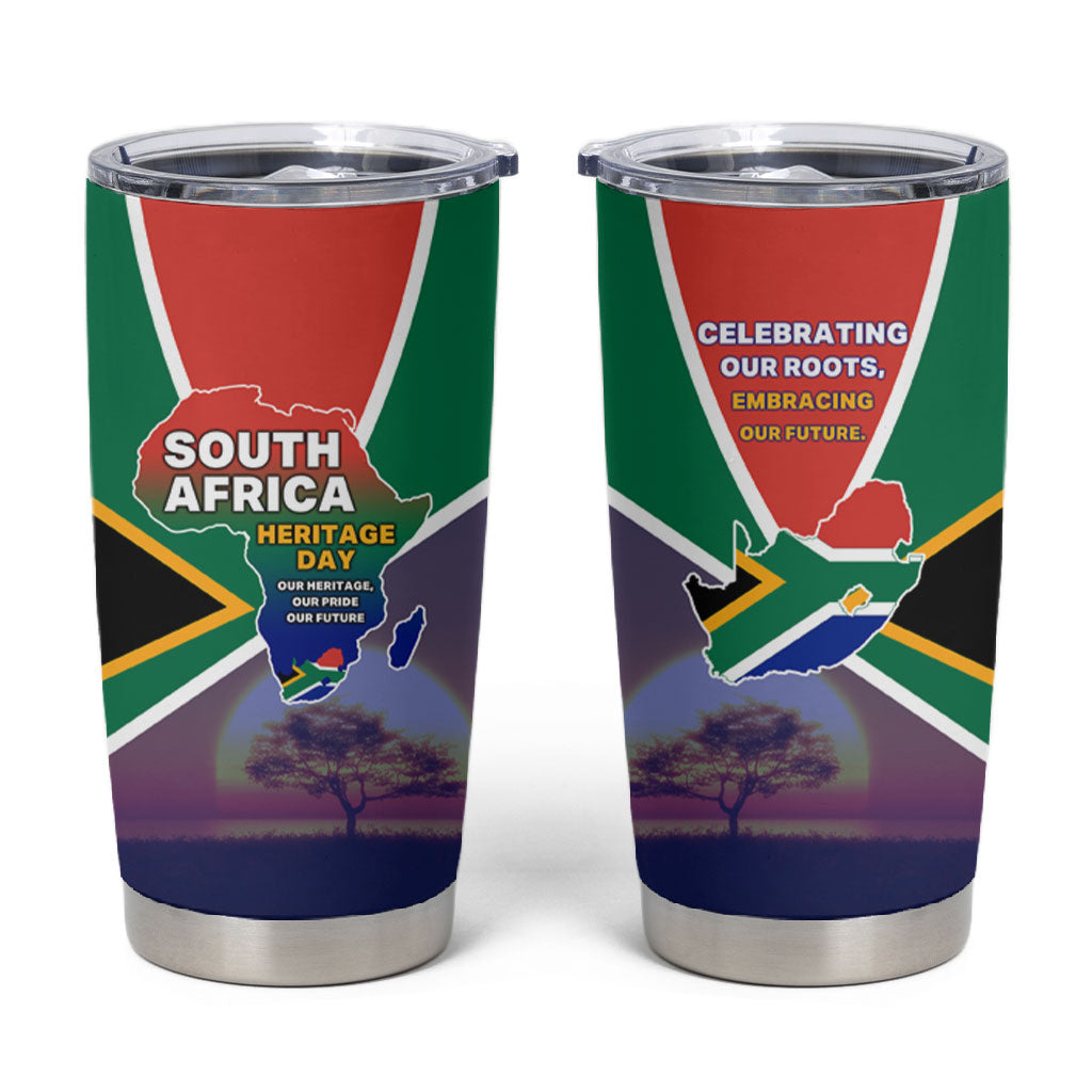 South Africa Heritage Day Tumbler Cup Celebrating Roots Flag Map Sunset Savanna