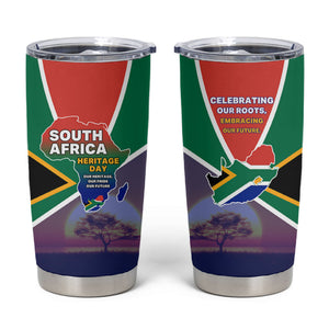 South Africa Heritage Day Tumbler Cup Celebrating Roots Flag Map Sunset Savanna