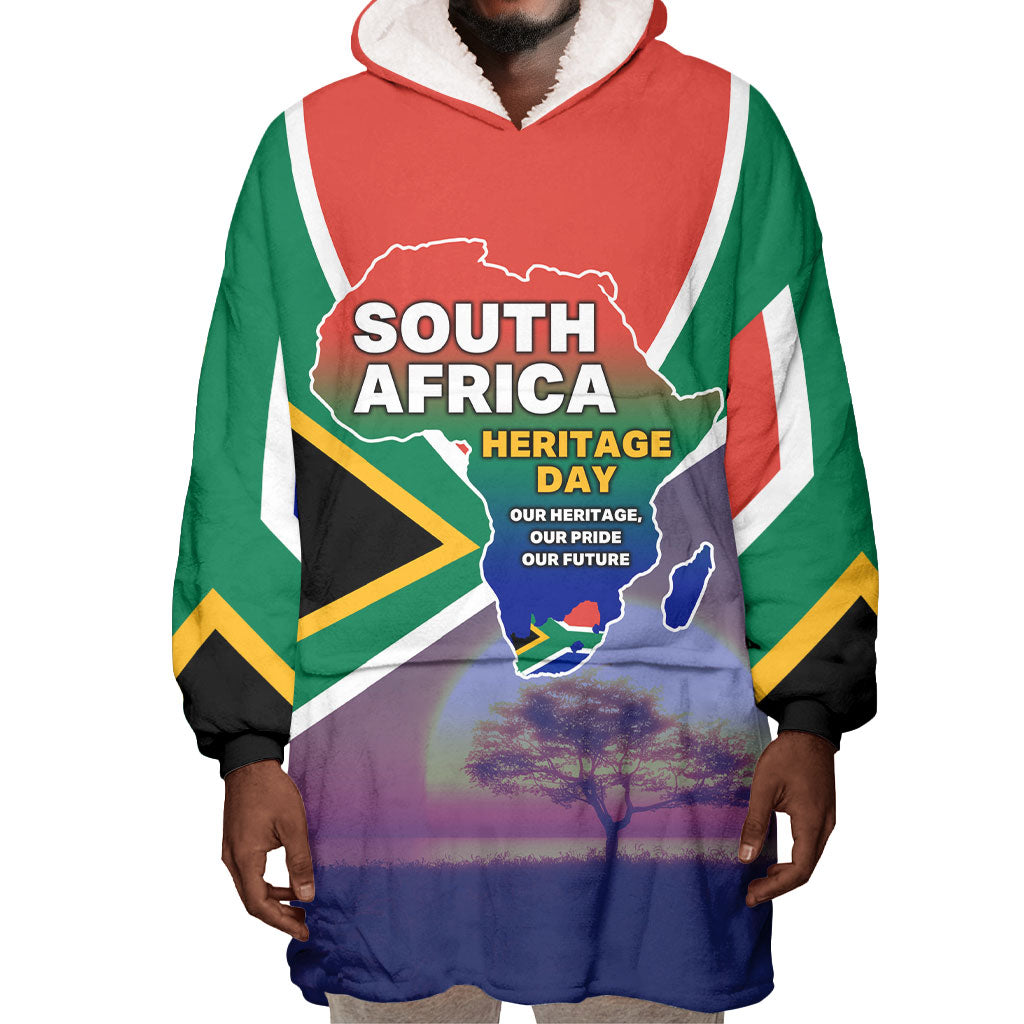 South Africa Heritage Day Wearable Blanket Hoodie Celebrating Roots Flag Map Sunset Savanna