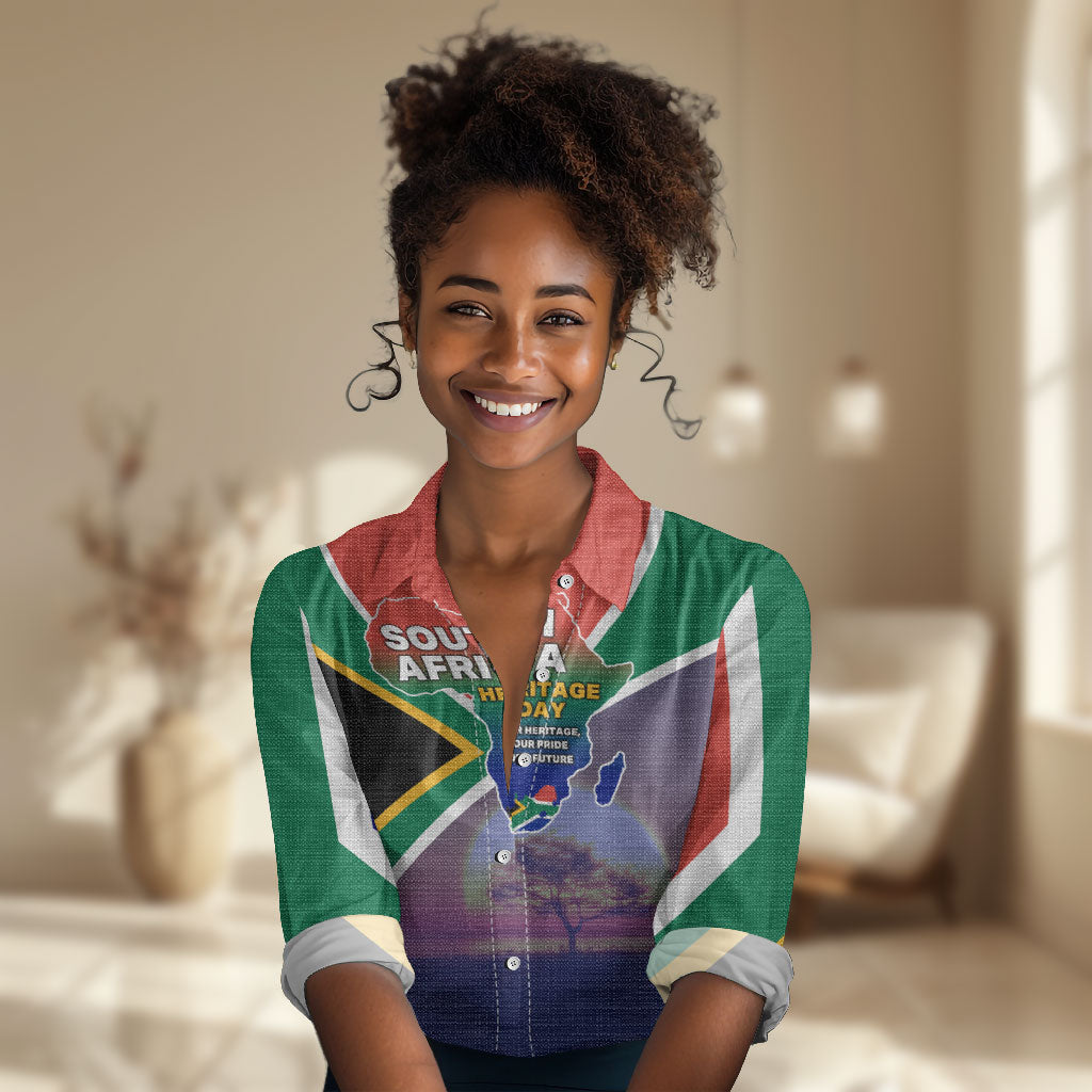 South Africa Heritage Day Women Casual Shirt Celebrating Roots Flag Map Sunset Savanna