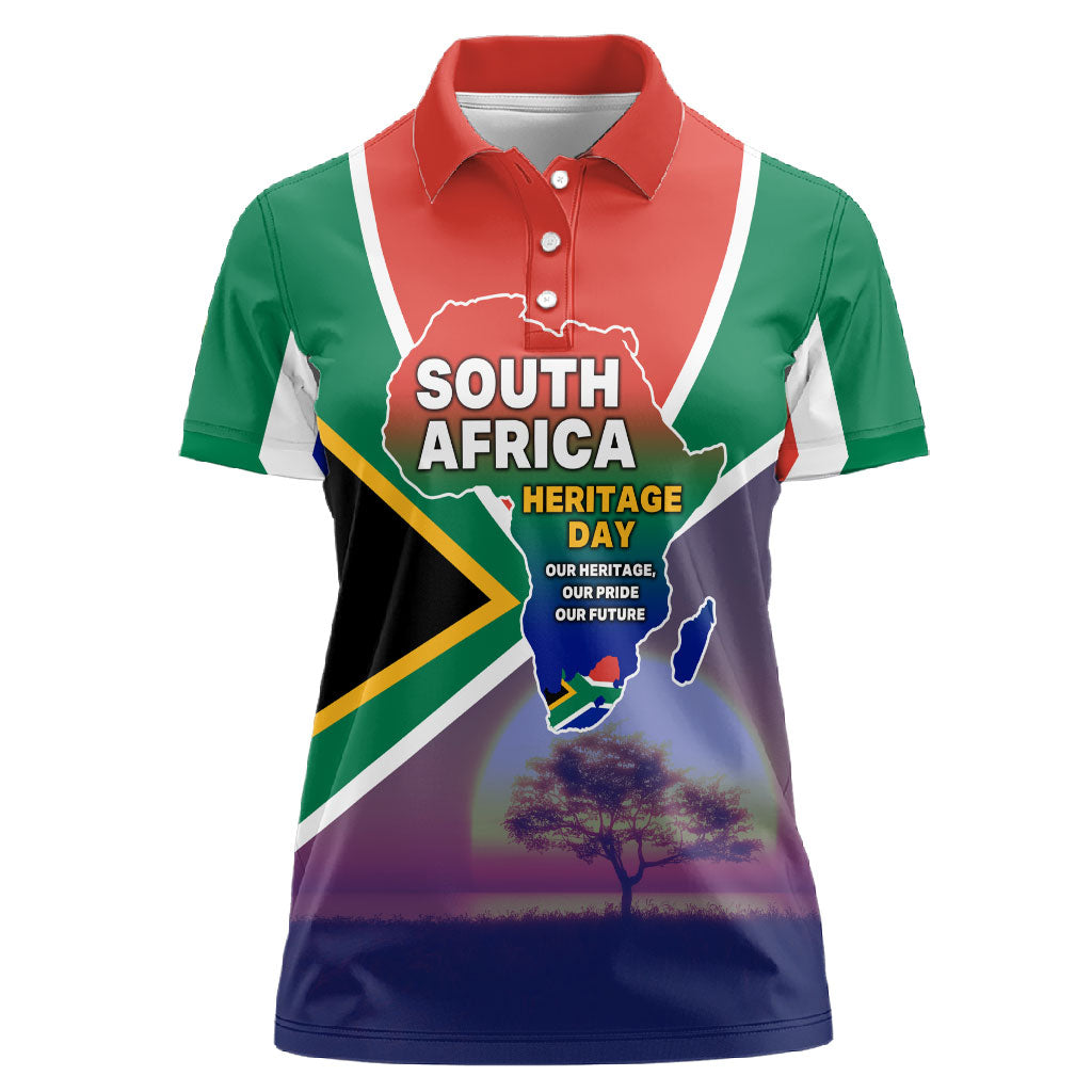 South Africa Heritage Day Women Polo Shirt Celebrating Roots Flag Map Sunset Savanna