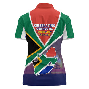 South Africa Heritage Day Women Polo Shirt Celebrating Roots Flag Map Sunset Savanna