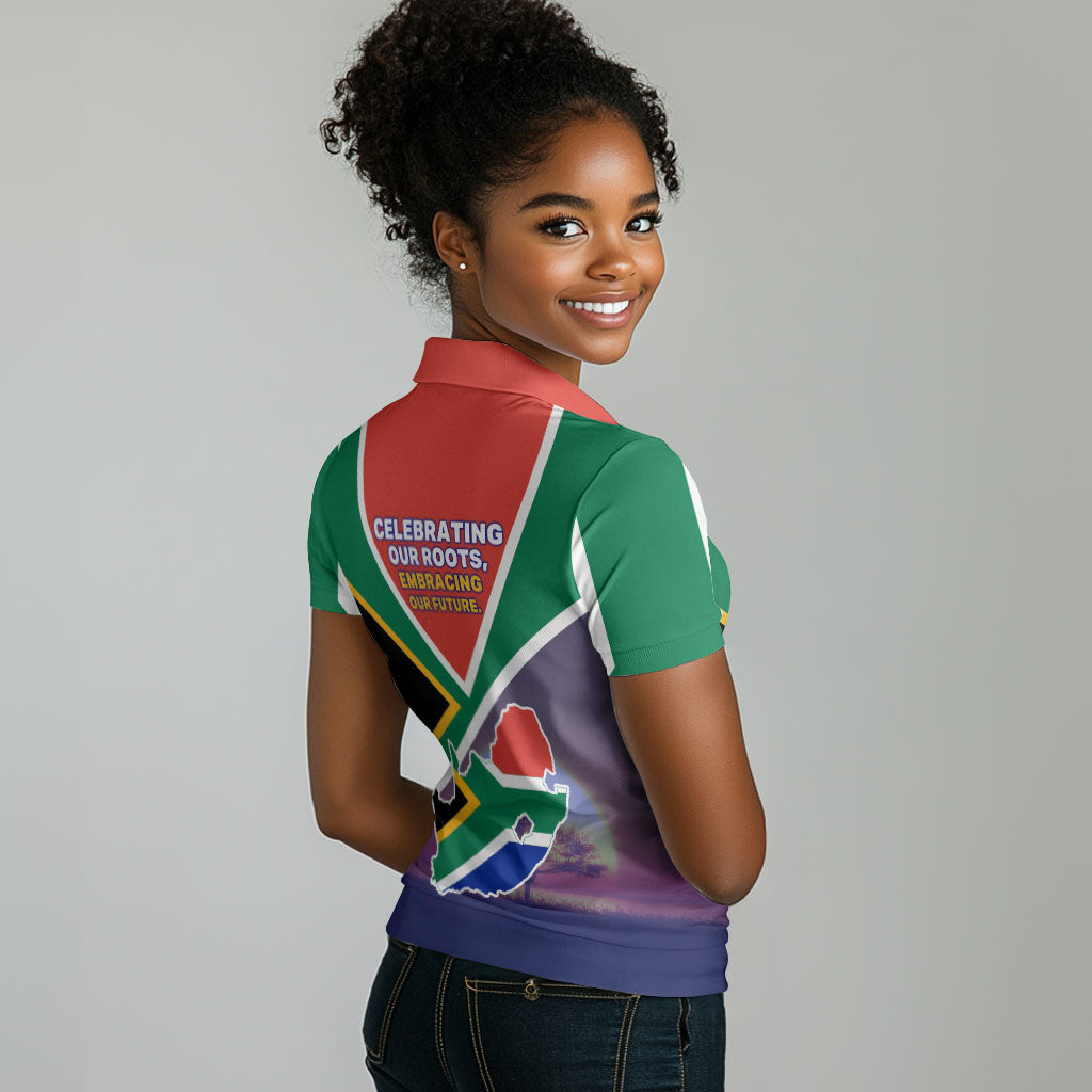 South Africa Heritage Day Women Polo Shirt Celebrating Roots Flag Map Sunset Savanna