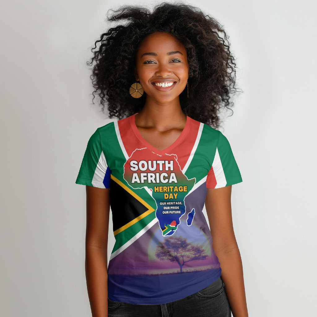 South Africa Heritage Day Women V-Neck T-Shirt Celebrating Roots Flag Map Sunset Savanna