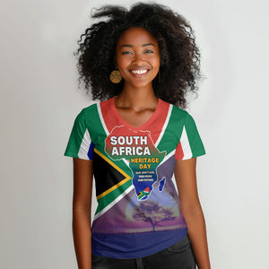 South Africa Heritage Day Women V-Neck T-Shirt Celebrating Roots Flag Map Sunset Savanna