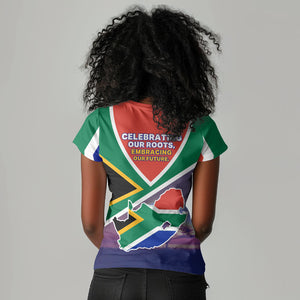 South Africa Heritage Day Women V-Neck T-Shirt Celebrating Roots Flag Map Sunset Savanna