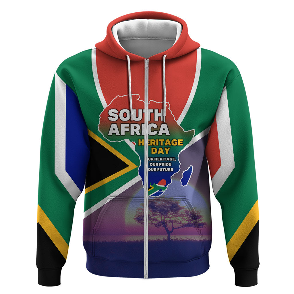 South Africa Heritage Day Zip Hoodie Celebrating Roots Flag Map Sunset Savanna