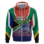 South Africa Heritage Day Zip Hoodie Celebrating Roots Flag Map Sunset Savanna