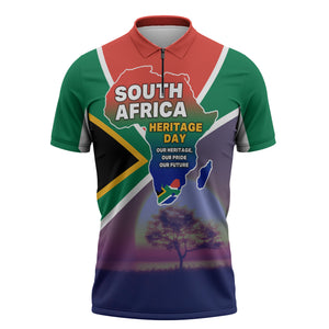 South Africa Heritage Day Zipper Polo Shirt Celebrating Roots Flag Map Sunset Savanna