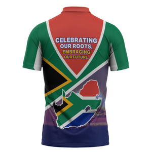 South Africa Heritage Day Zipper Polo Shirt Celebrating Roots Flag Map Sunset Savanna
