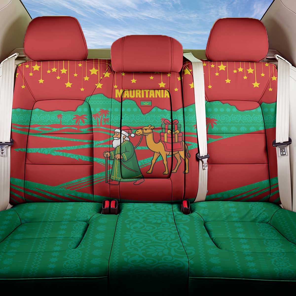 Mauritania Christmas Back Car Seat Cover Santa Claus Camel Gift Boxes Starry Sky and Desert - African Pride