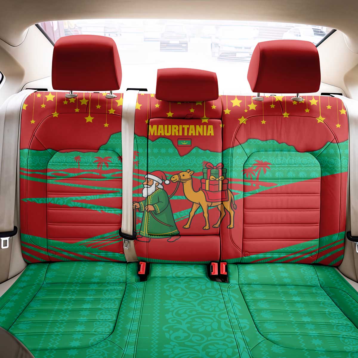 Mauritania Christmas Back Car Seat Cover Santa Claus Camel Gift Boxes Starry Sky and Desert - African Pride