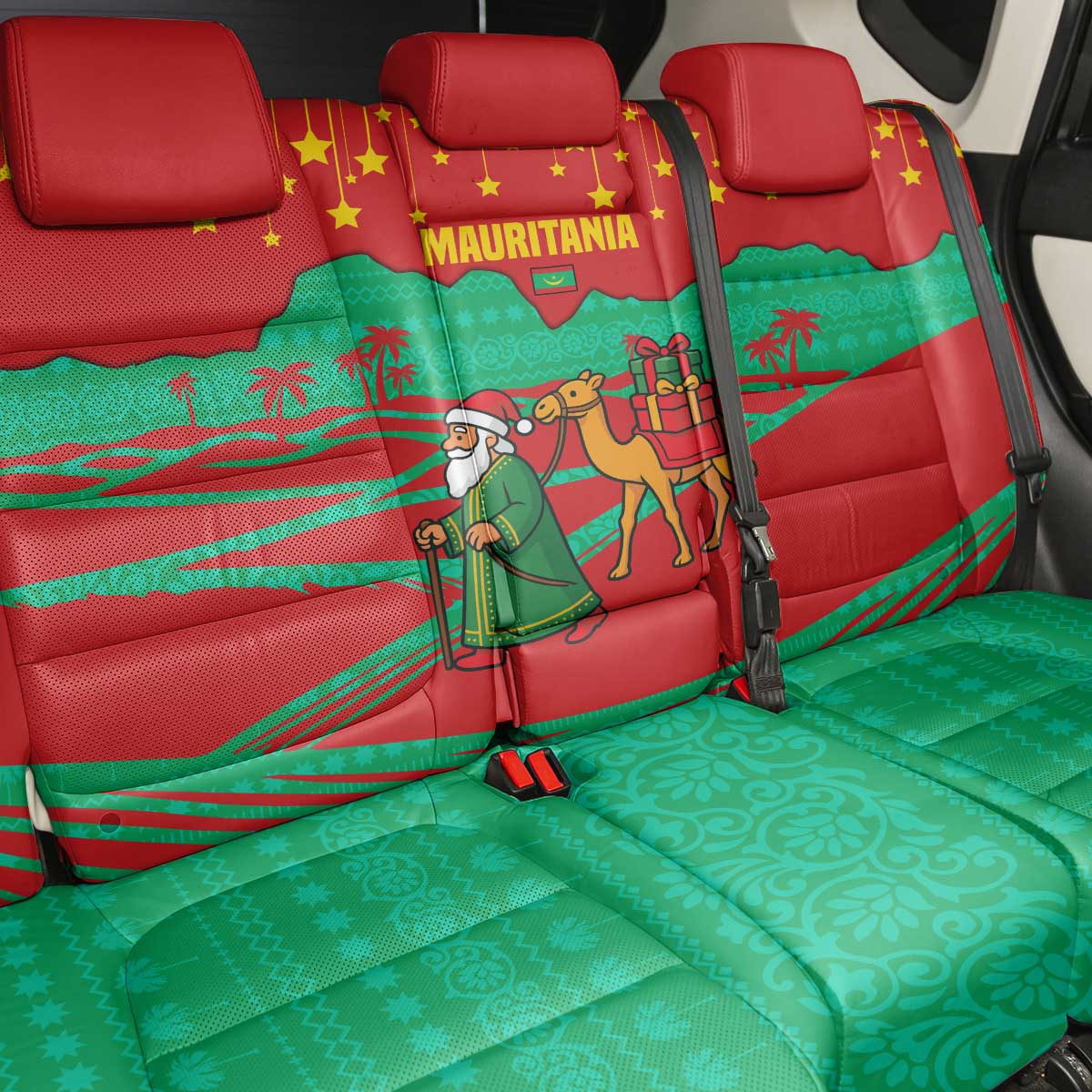 Mauritania Christmas Back Car Seat Cover Santa Claus Camel Gift Boxes Starry Sky and Desert - African Pride