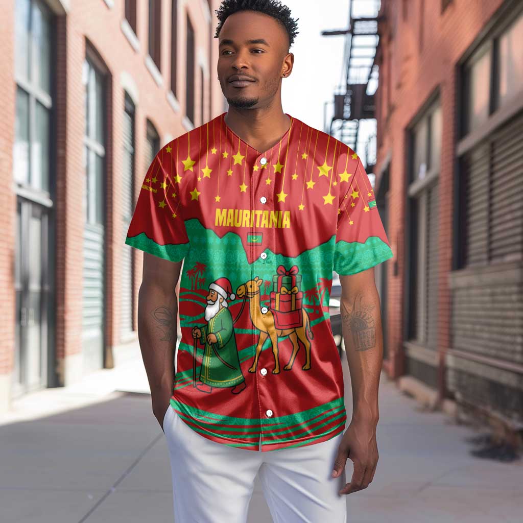 Mauritania Christmas Baseball Jersey Santa Claus Camel Gift Boxes Starry Sky and Desert - African Pride