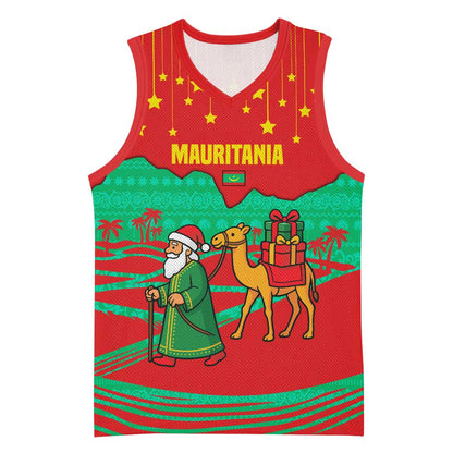 Mauritania Christmas Basketball Jersey Santa Claus Camel Gift Boxes Starry Sky and Desert - African Pride