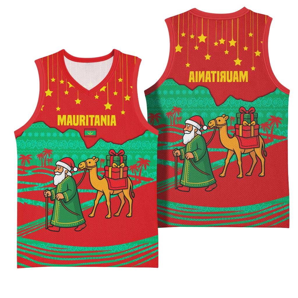 Mauritania Christmas Basketball Jersey Santa Claus Camel Gift Boxes Starry Sky and Desert - African Pride