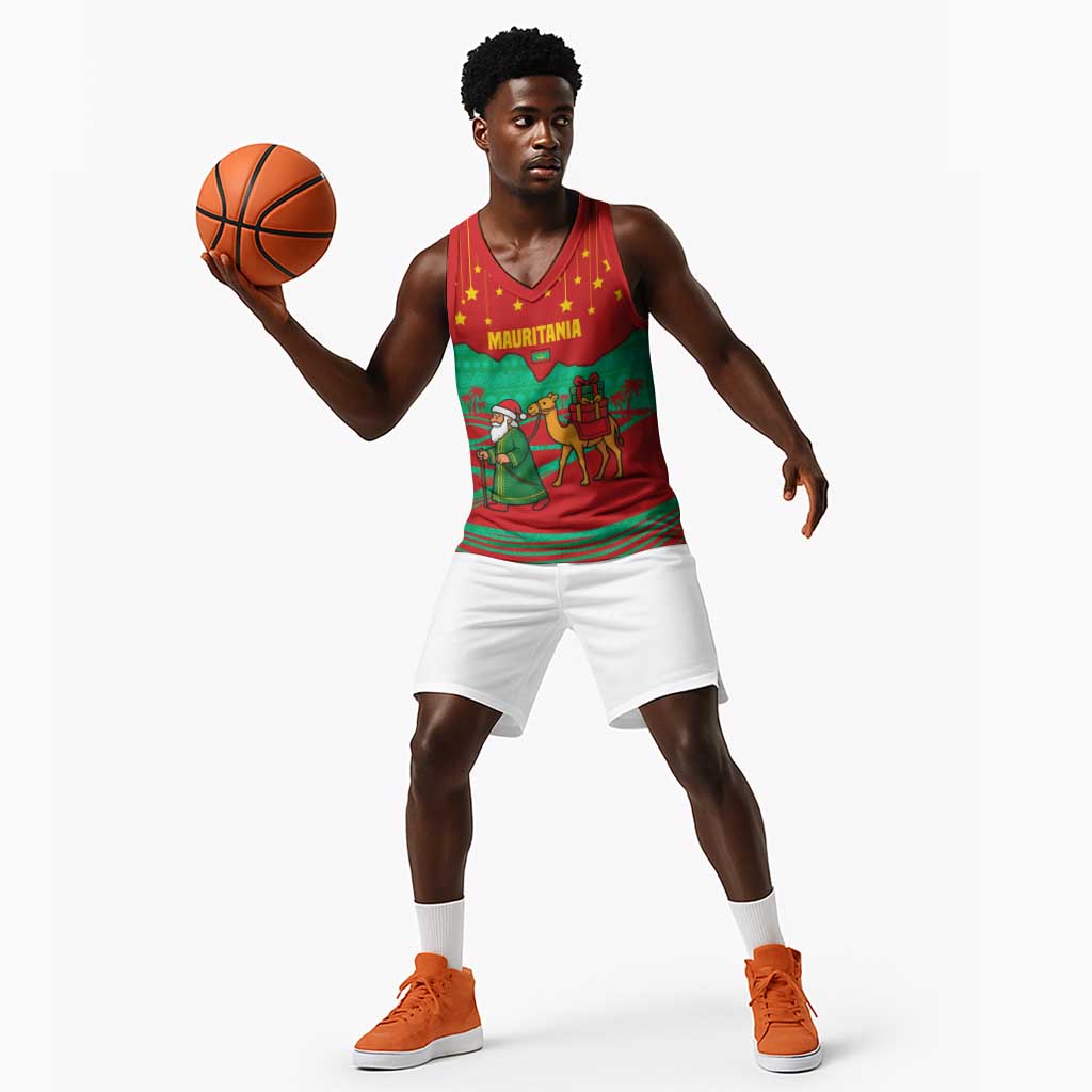 Mauritania Christmas Basketball Jersey Santa Claus Camel Gift Boxes Starry Sky and Desert - African Pride