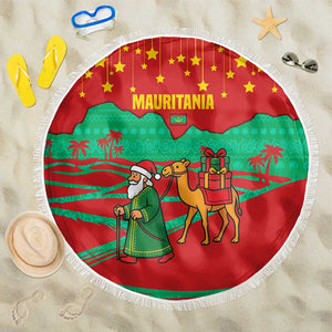 Mauritania Christmas Beach Blanket Santa Claus Camel Gift Boxes Starry Sky and Desert - African Pride
