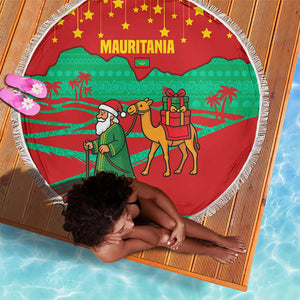 Mauritania Christmas Beach Blanket Santa Claus Camel Gift Boxes Starry Sky and Desert - African Pride