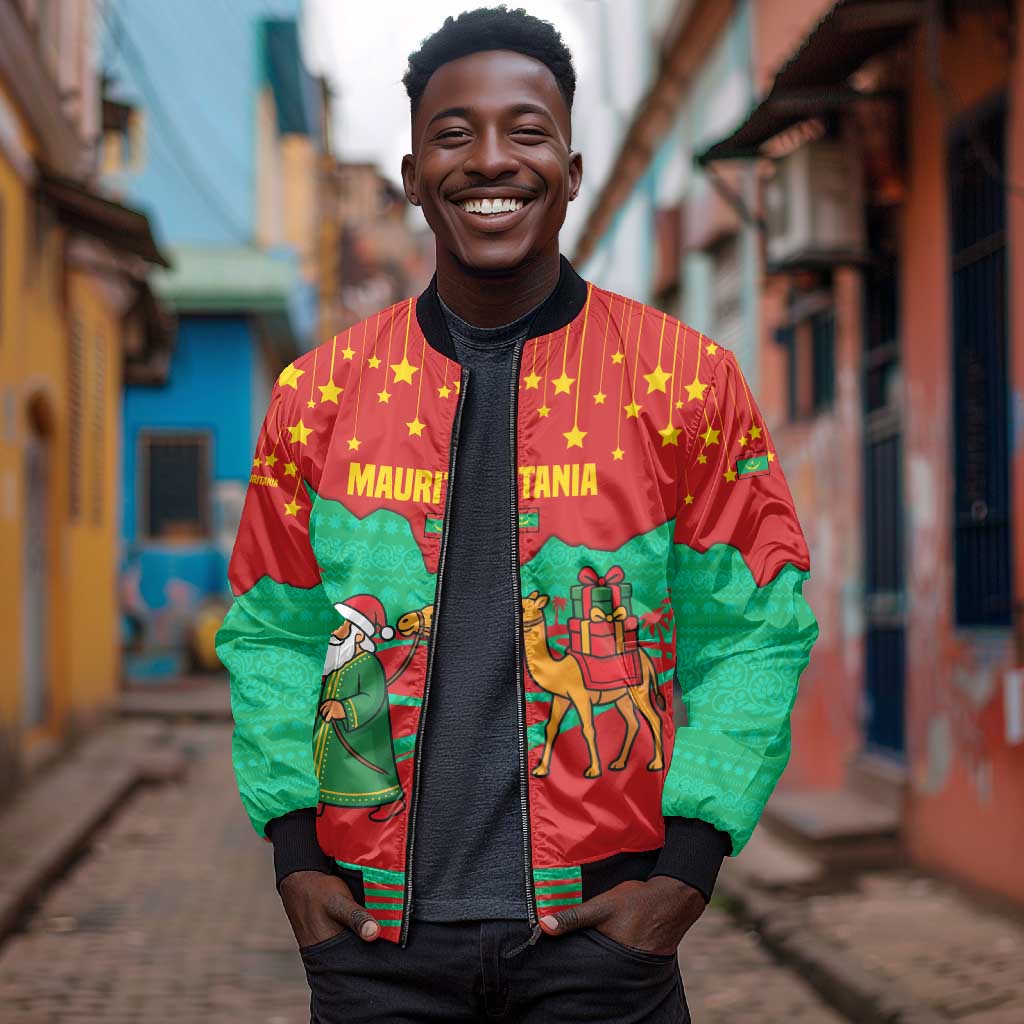 Mauritania Christmas Bomber Jacket Santa Claus Camel Gift Boxes Starry Sky and Desert - African Pride