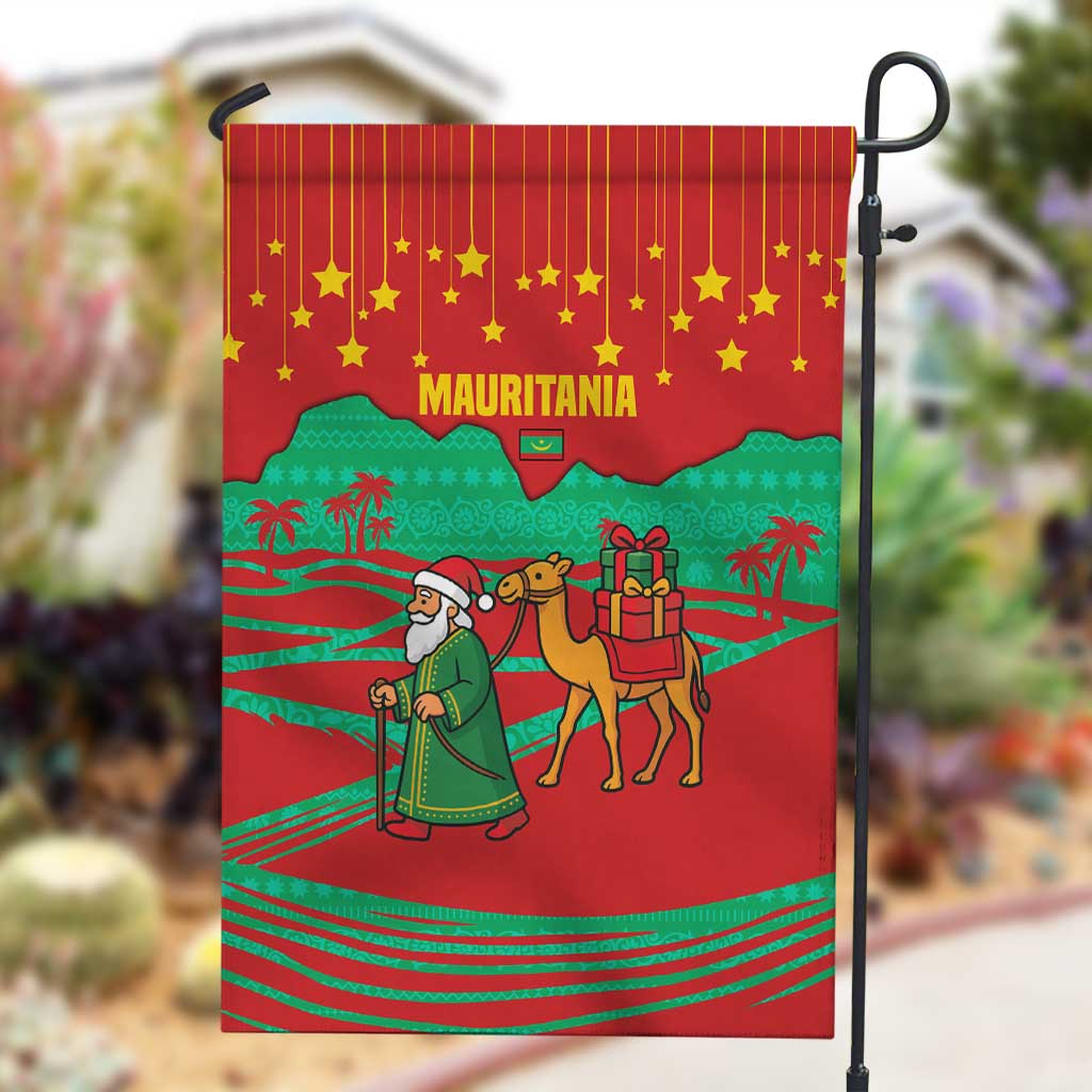 Mauritania Christmas Garden Flag Santa Claus Camel Gift Boxes Starry Sky and Desert - African Pride
