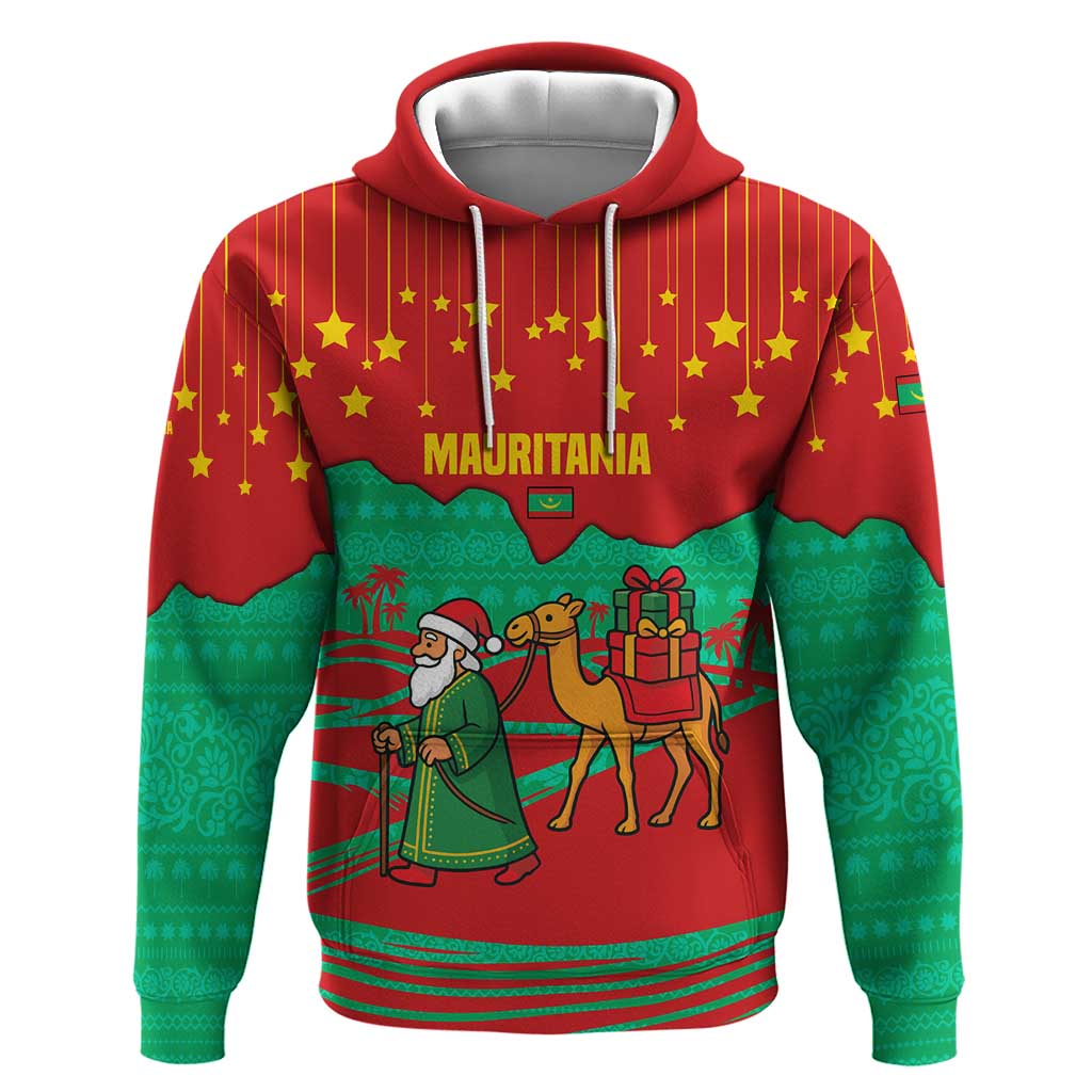 Mauritania Christmas Hoodie Santa Claus Camel Gift Boxes Starry Sky and Desert - African Pride