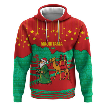 Mauritania Christmas Hoodie Santa Claus Camel Gift Boxes Starry Sky and Desert - African Pride