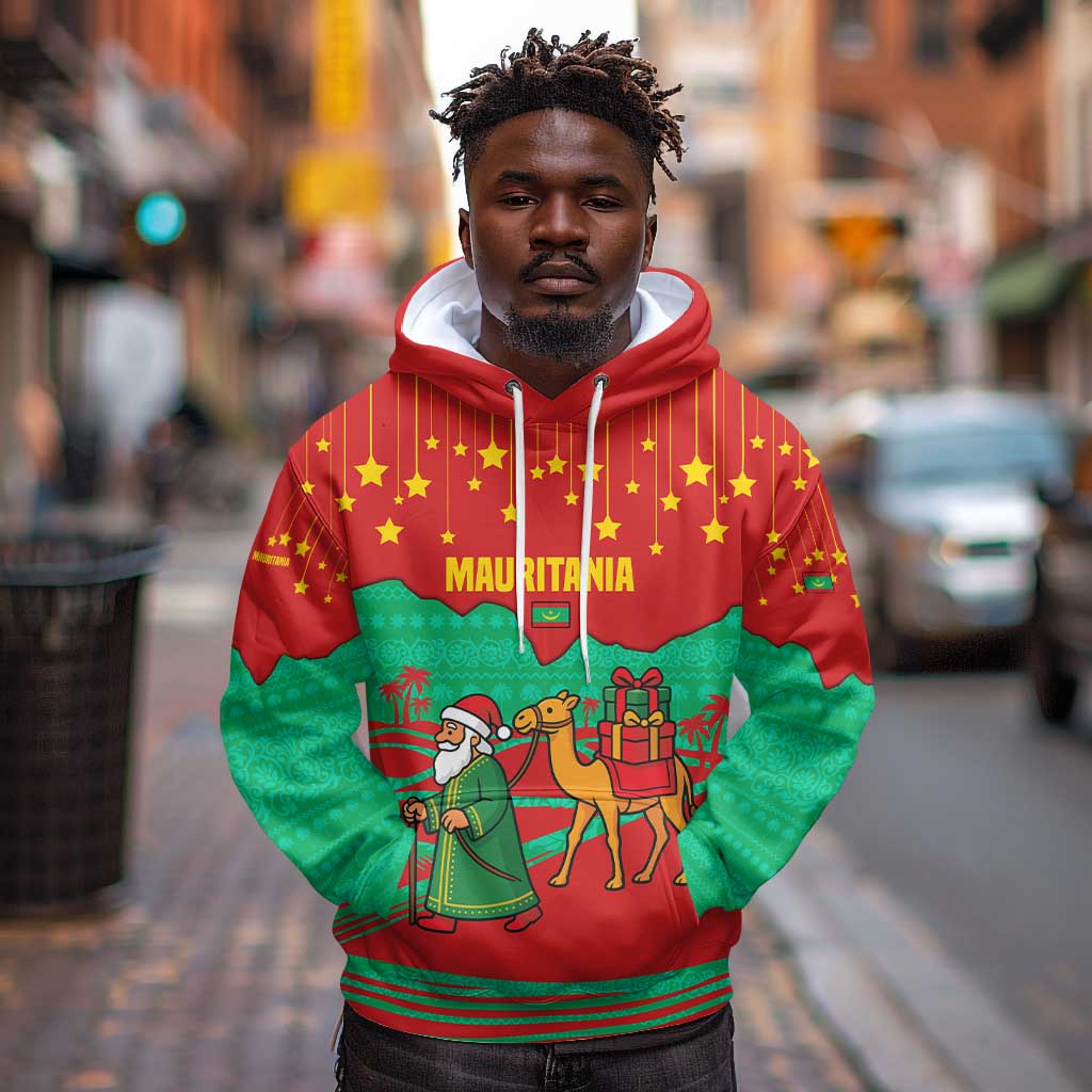 Mauritania Christmas Hoodie Santa Claus Camel Gift Boxes Starry Sky and Desert - African Pride