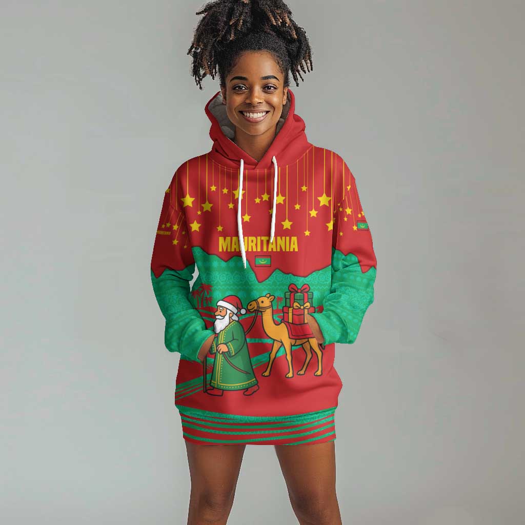 Mauritania Christmas Hoodie Dress Santa Claus Camel Gift Boxes Starry Sky and Desert - African Pride
