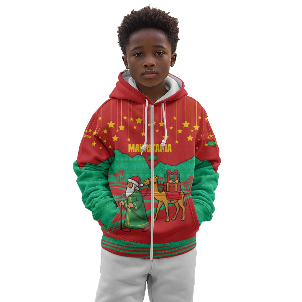 Mauritania Christmas Kid Hoodie Santa Claus Camel Gift Boxes Starry Sky and Desert - African Pride