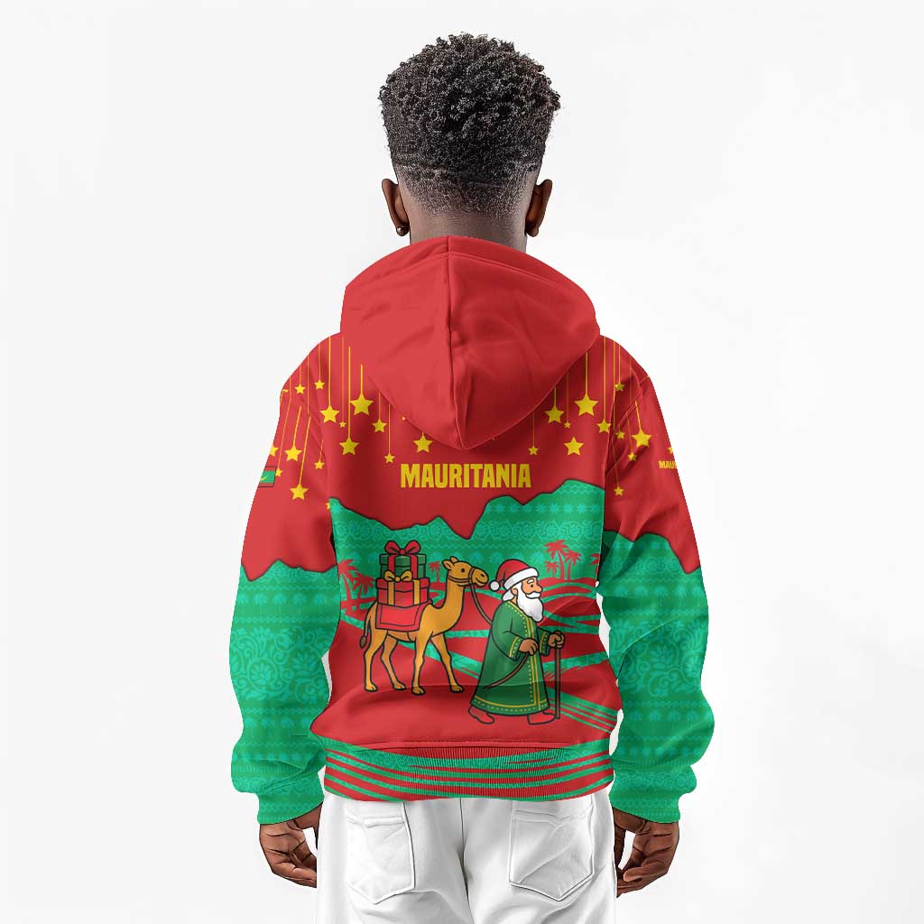 Mauritania Christmas Kid Hoodie Santa Claus Camel Gift Boxes Starry Sky and Desert - African Pride