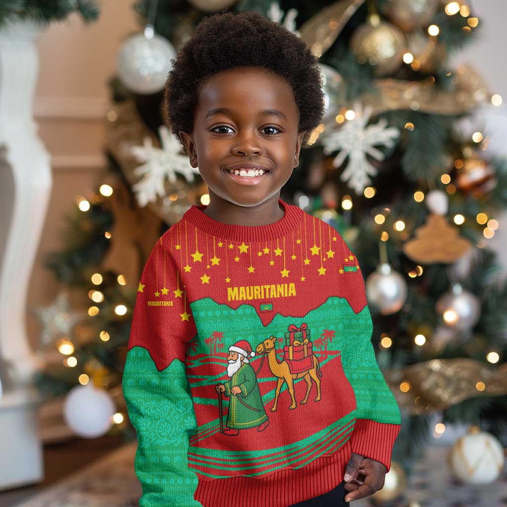 Mauritania Christmas Kid Ugly Christmas Sweater Santa Claus Camel Gift Boxes Starry Sky and Desert - African Pride
