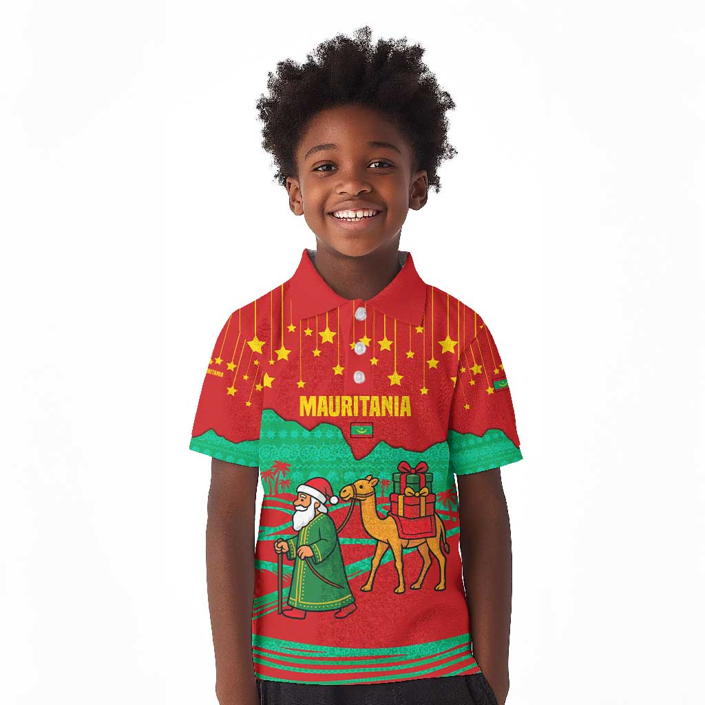 Mauritania Christmas Kid Polo Shirt Santa Claus Camel Gift Boxes Starry Sky and Desert - African Pride