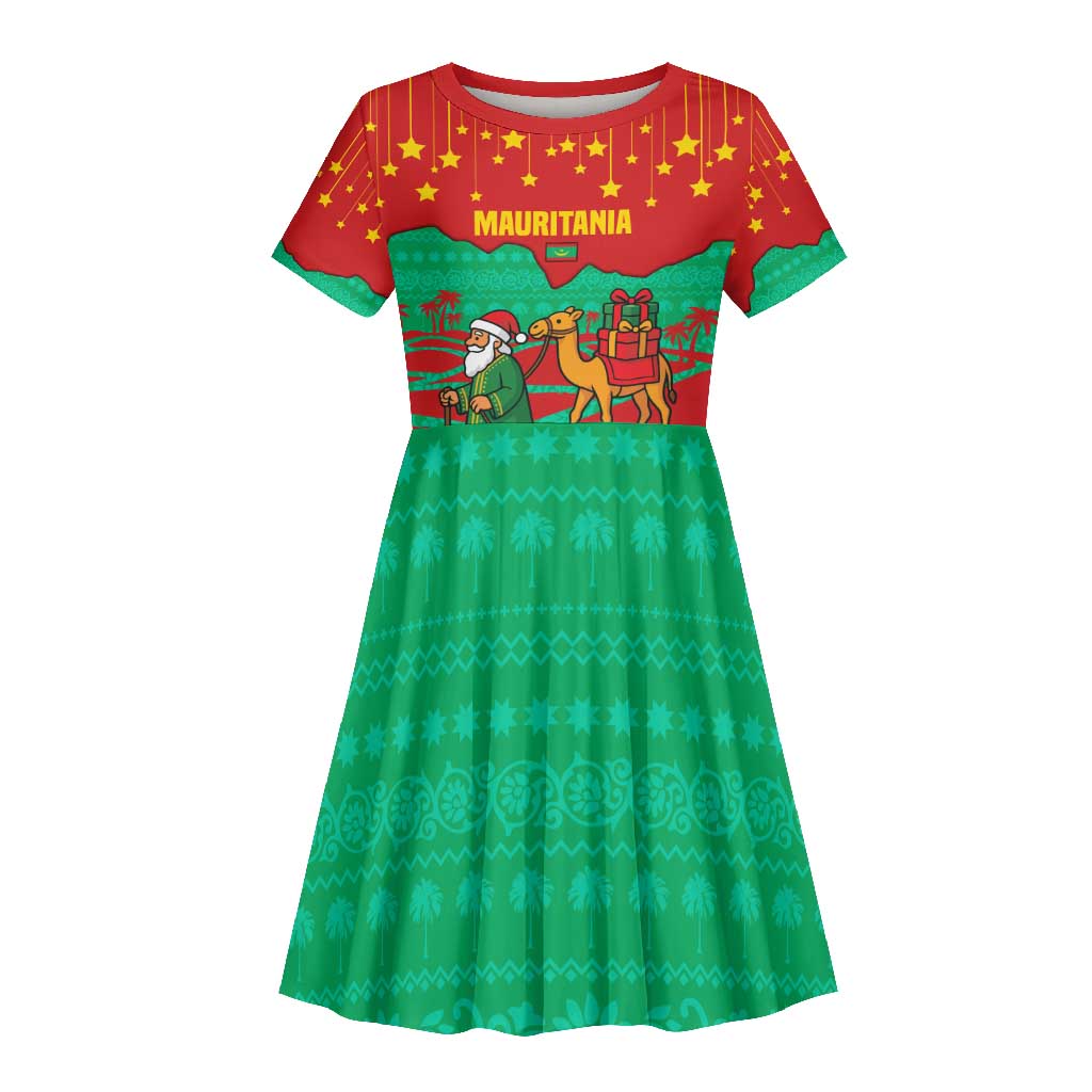 Mauritania Christmas Kid Short Sleeve Dress Santa Claus Camel Gift Boxes Starry Sky and Desert - African Pride