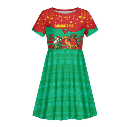 Mauritania Christmas Kid Short Sleeve Dress Santa Claus Camel Gift Boxes Starry Sky and Desert - African Pride