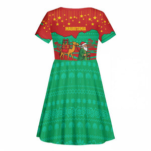 Mauritania Christmas Kid Short Sleeve Dress Santa Claus Camel Gift Boxes Starry Sky and Desert - African Pride