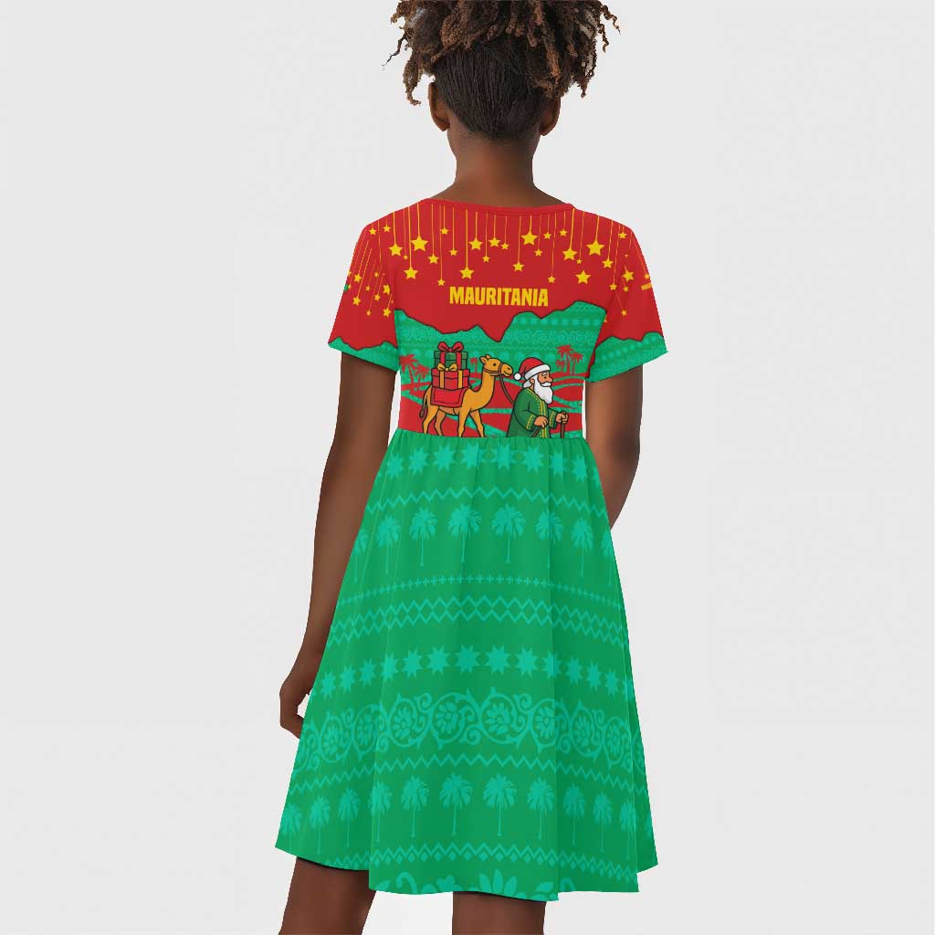 Mauritania Christmas Kid Short Sleeve Dress Santa Claus Camel Gift Boxes Starry Sky and Desert - African Pride